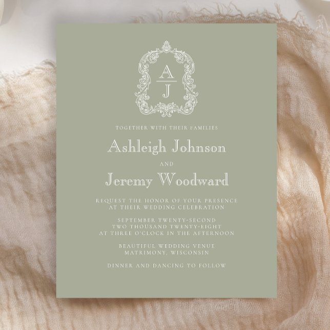 Budget Sage Green Monogram Crest Wedding Invite (Creator Uploaded)