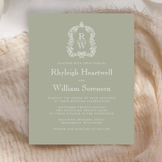 Budget Sage Green Monogram Crest Wedding Invite (Creator Uploaded)