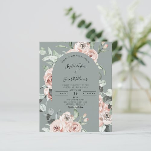 Budget Sage Green Pink Floral Wedding Invitation