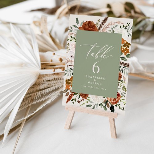 Budget sage green rust table number chic elegant