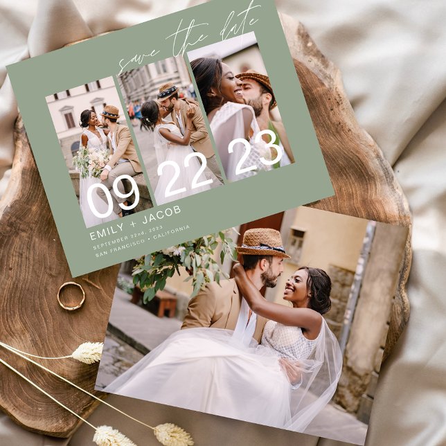 Budget Sage Green Save the Date 3 Photo Flyer (Creator Uploaded)