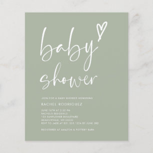 Budget Sage Green Script Heart Baby Shower Invite