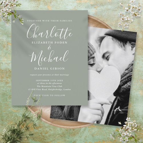 Budget Sage Green Script Photo Wedding Invitation