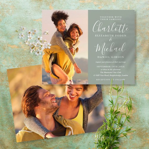 Budget Sage Green Script Photos Wedding Invitation