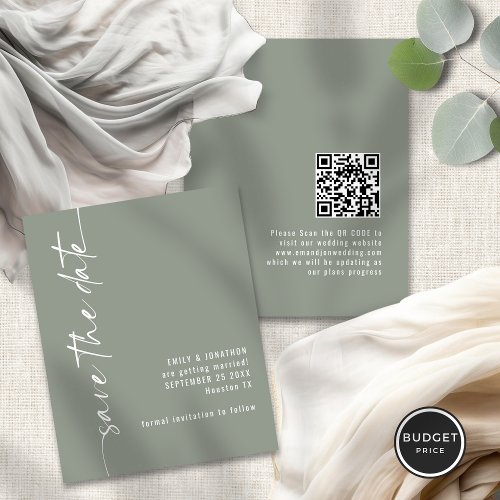 Budget Sage Green Script QR Wedding Save the Date