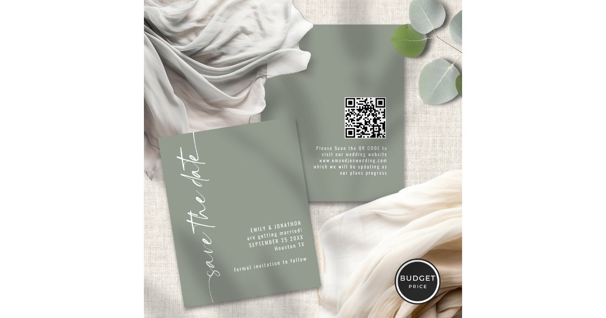 Budget Sage Green Script QR Wedding Save the Date | Zazzle