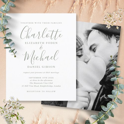 Budget Sage Green Script Wedding Photo Invitation