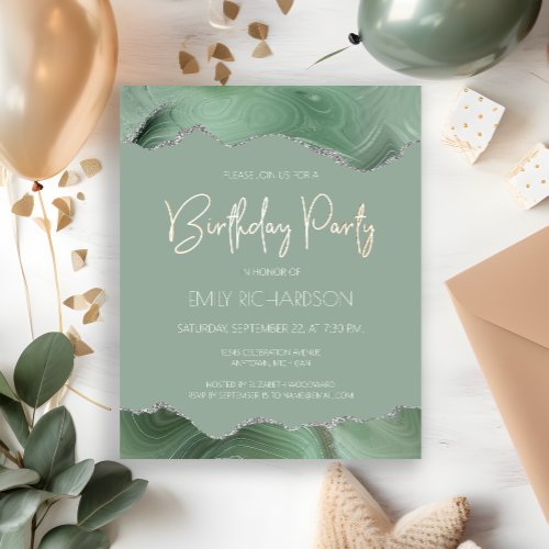 Budget Sage Green Silver Agate Birthday Invitation