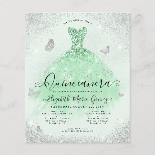 Budget Sage Green Silver Glitter Gown Quinceanera