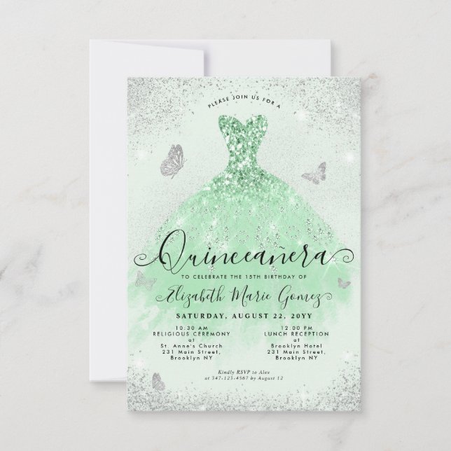 Budget Sage Green Silver Glitter Gown Quinceanera Note Card (Front)