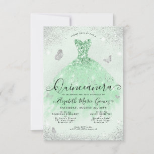 Budget Sage Green Silver Glitter Gown Quinceanera Note Card