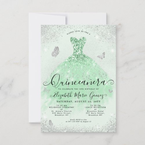 Budget Sage Green Silver Glitter Gown Quinceanera Note Card