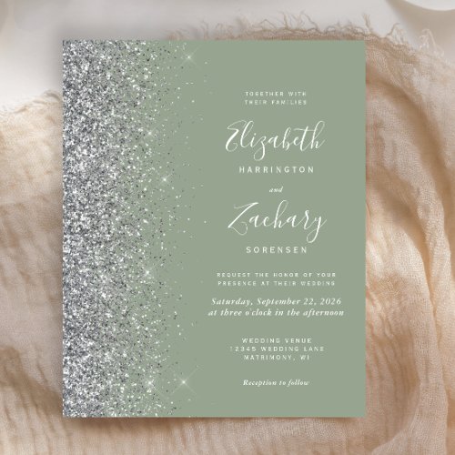 Budget Sage Green Silver Glitter Wedding Invite