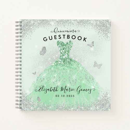Budget Sage Green Silver Quinceanera Guestbook  Notebook