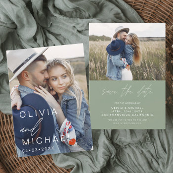 Budget Sage Green Typography Save The Date Photo Flyer by Hot_Foil_Creations at Zazzle