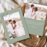 Budget Sage Green Wedding Photo Thank You Cards Flyer<br><div class="desc">Budget Sage Green Wedding Thank You Cards that have a photo on the front and back. The Thank you cards contain a modern hand lettered cursive script typography that are elegant,  simple and modern to use after you minimalist simple wedding day celebration.</div>