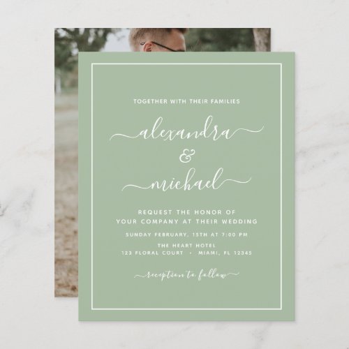 Budget Sage Green Wedding with Photo Invitation