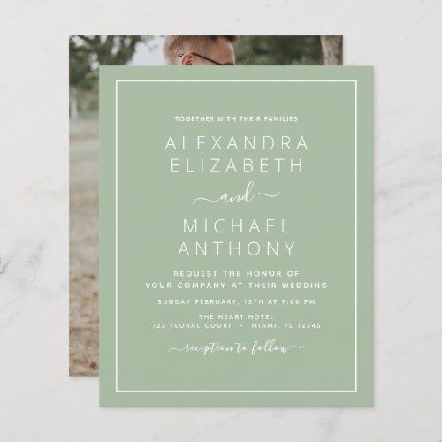 Budget Sage Green Wedding with Photo Invitation