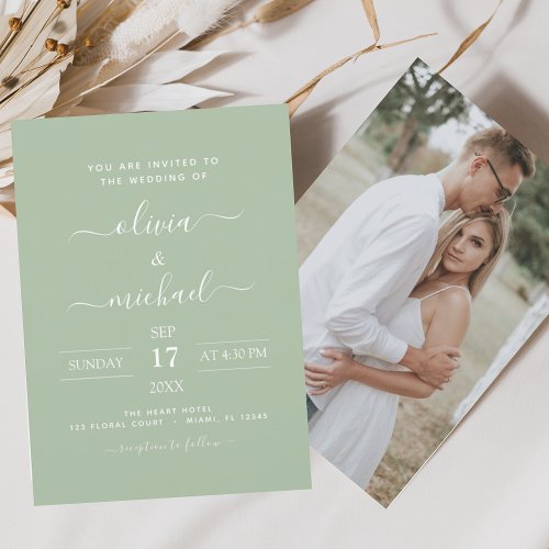 Budget Sage Green Wedding with Photo Invitation