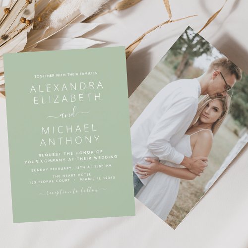 Budget Sage Green Wedding with Photo Invitation