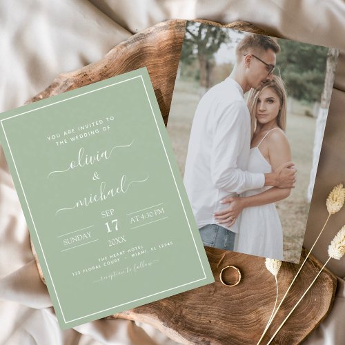 Budget Sage Green Wedding with Photo Invitation