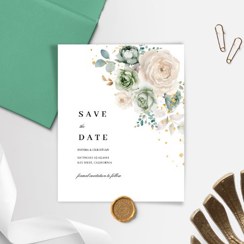 Budget Sage Green  White Flowers Save the Date
