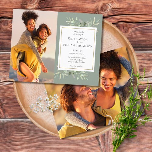 Budget Sage Greenery Photos Wedding Invitation