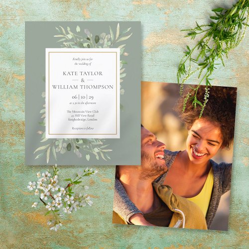 Budget Sage Greenery Wedding Photo Invitation