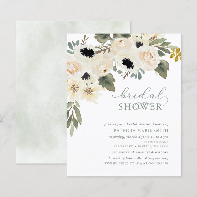 Budget Sage Ivory Floral Bridal Shower Invitation (Front/Back)