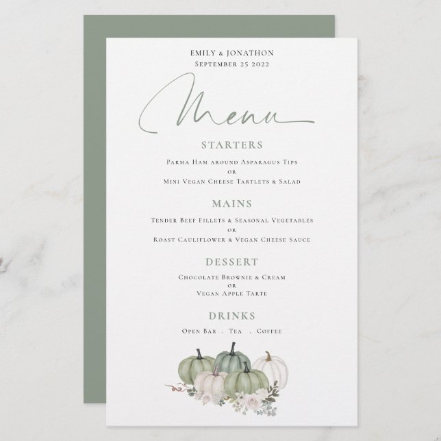 Budget Sage Pumpkins Fall Florals Wedding Menu (Front/Back)