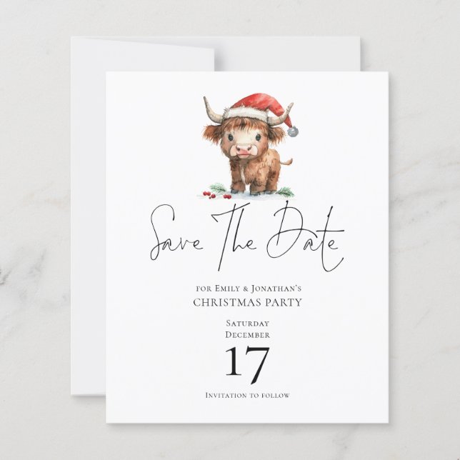 Budget Santa Highland Cow Christmas Save the Date (Front)