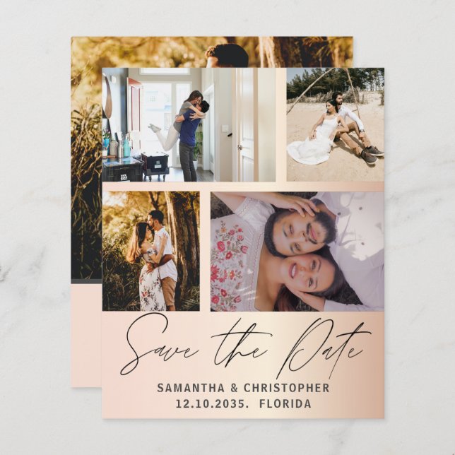 Budget Save the Date 4 Photo Rose Gold Invitation (Front/Back)
