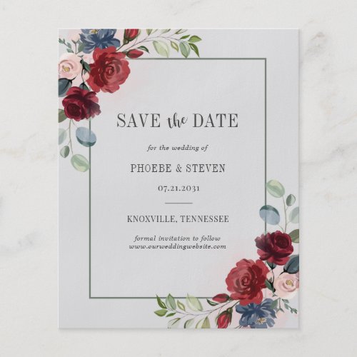 Budget Save the Date Burgundy Floral Watercolor Flyer