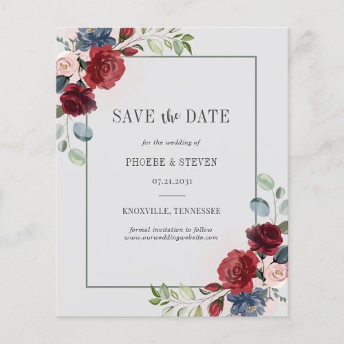 Budget Save the Date Burgundy Floral Watercolor Flyer