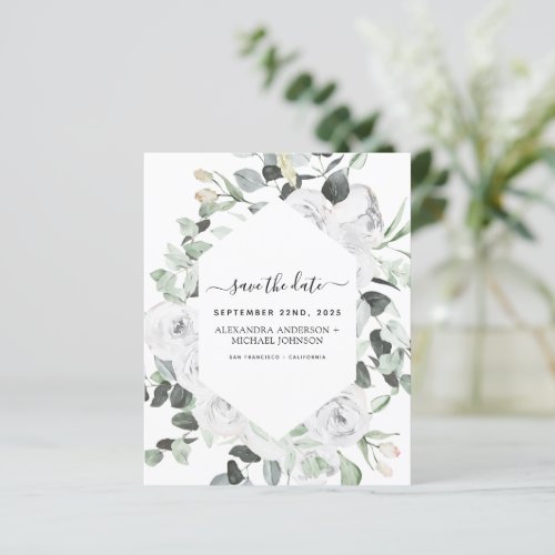 Budget Save the Date Eucalyptus White Floral Postc