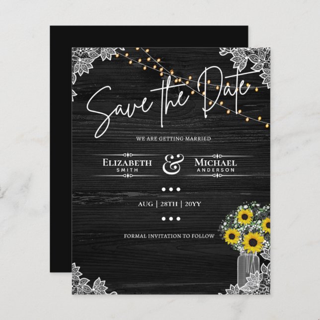 BUDGET Save The Date Lace Sunflowers Wedding (Front/Back)
