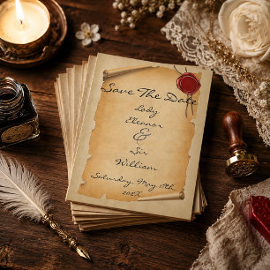 Budget Save The Date Medieval Aged Scroll Wax Seal Flyer