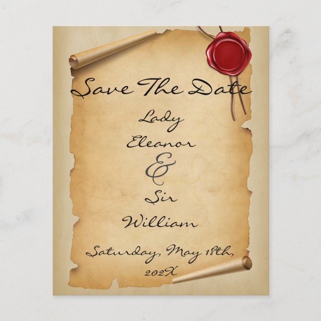Budget Save The Date Medieval Aged Scroll Wax Seal Flyer (Front)