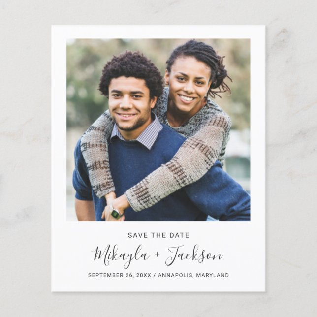 Budget Save the Date Minimalist Script with Photo (Front)