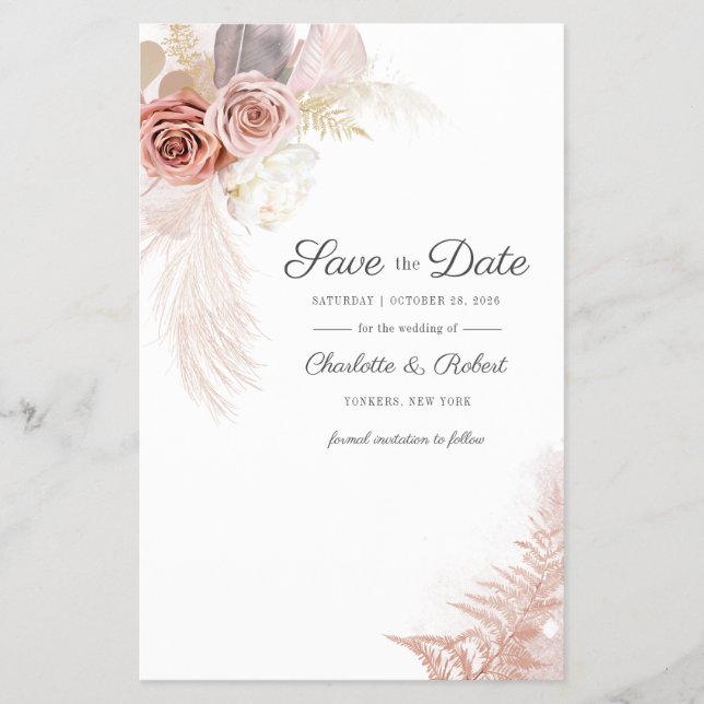 Budget Save The Date Modern Pampas Grass Floral Flyer (Front)