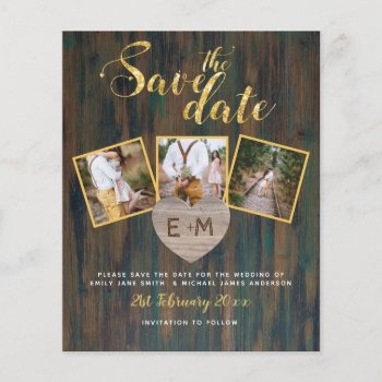 Budget Save The Date Rustic Wood Gold Photos Heart