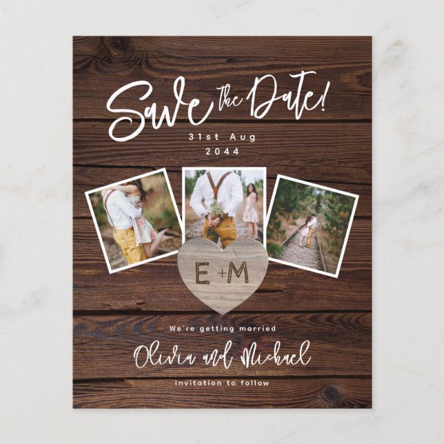 Budget Save The Date Rustic Wood Gold Photos Heart (Front)