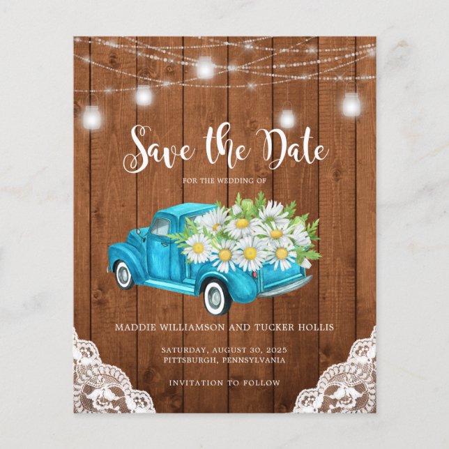 Budget Save the Date Rustic Wood Lights Daisies  (Front)