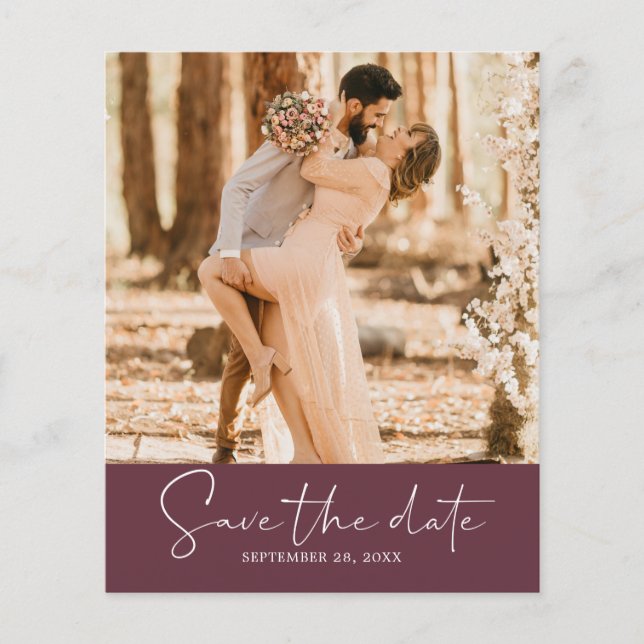 Budget Save the Date Script Burgundy Photo Flyer (Front)