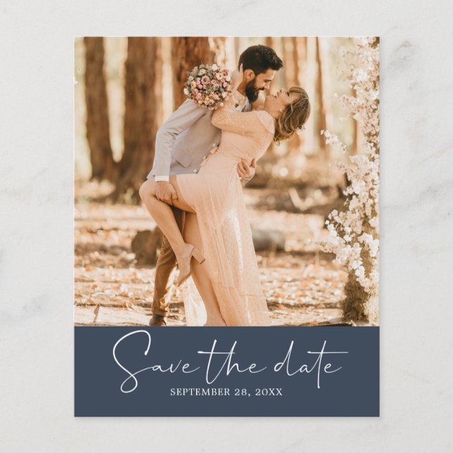 Budget Save the Date Script Dark Blue Photo Flyer (Front)