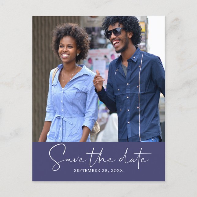 Budget Save the Date Script Navy Blue Photo Flyer (Front)