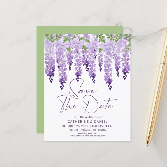 Budget Save The Date Watercolor Wisteria Wedding (Front/Back In Situ)