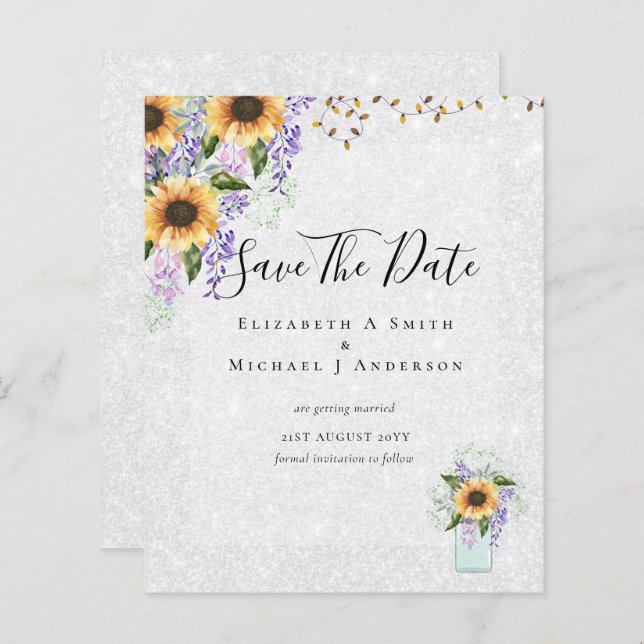 BUDGET SAVE THE DATES Rustic Sunflowers Purple (Front/Back)