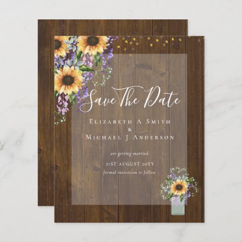 BUDGET SAVE THE DATES Rustic Sunflowers Purple