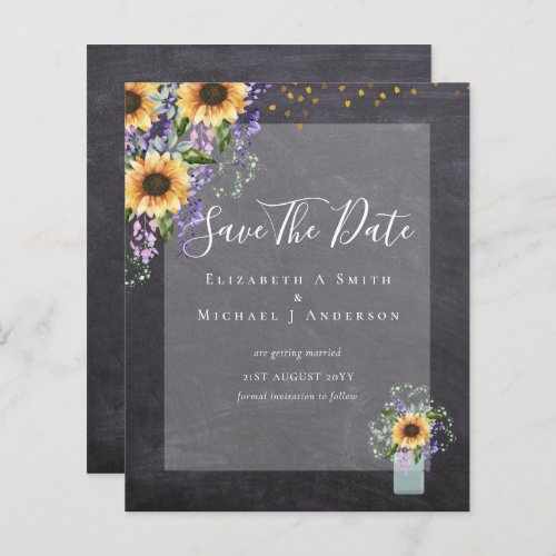 BUDGET SAVE THE DATES Rustic Sunflowers Purple